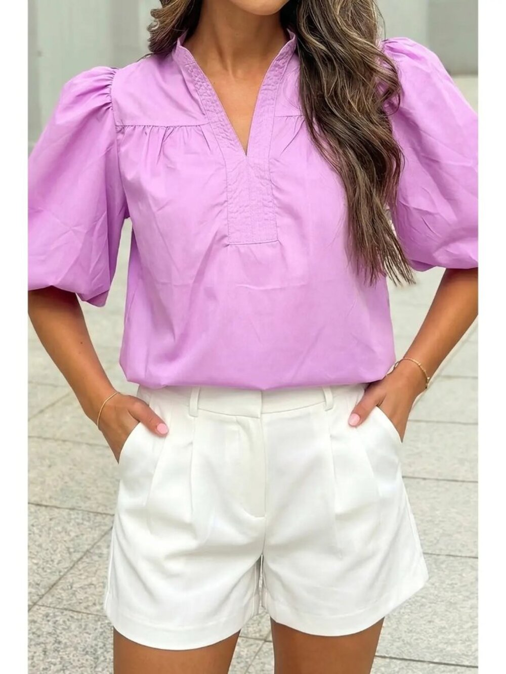 Boutique 100% Cotton Lilac Purple Puff Sleeve Split Neck Top Blouse